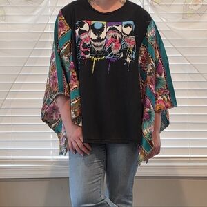 Upcycled Black Graphic Women's Sweater with Teal & Pink Floral Kimono Sleeves